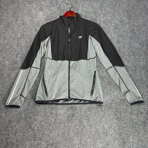 New Balance Jacket Womens Small Zip Gray Black Thumb Holes Reflective Pockets
